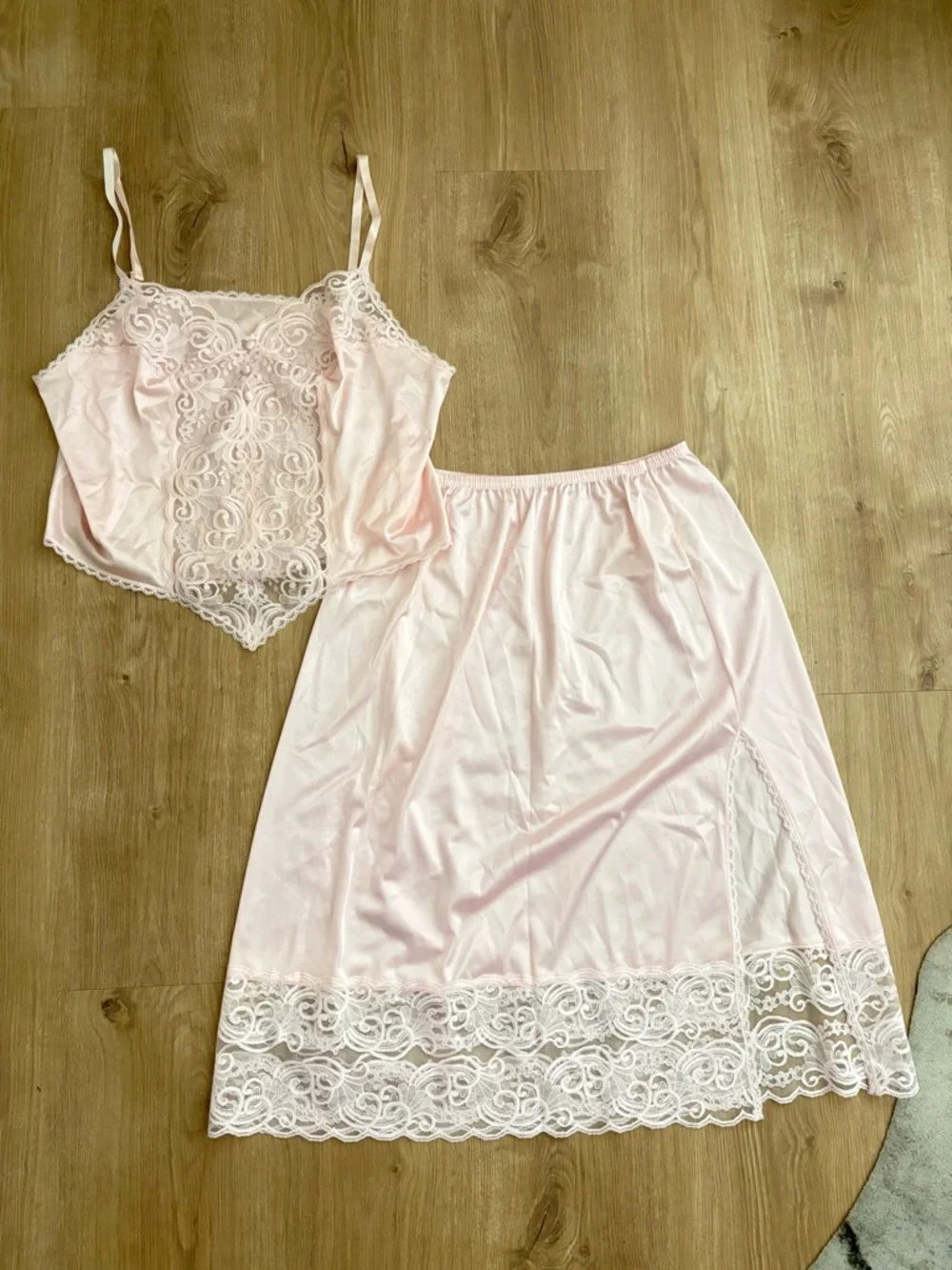 Vtg Women's Lace Trim Slip two piece Set - Light Pink - Picture 1 of 6